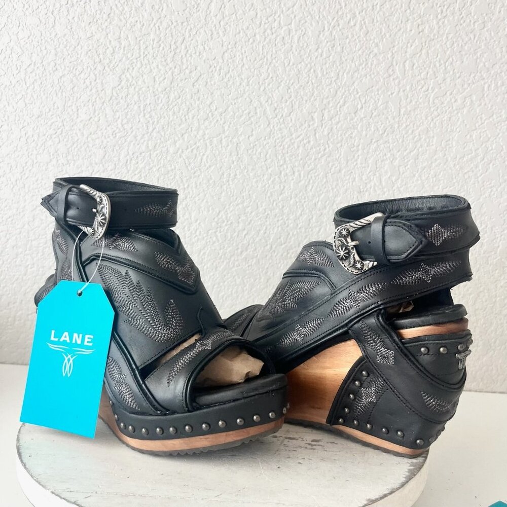 Lane Black Leather Studded Wedge Sandals
